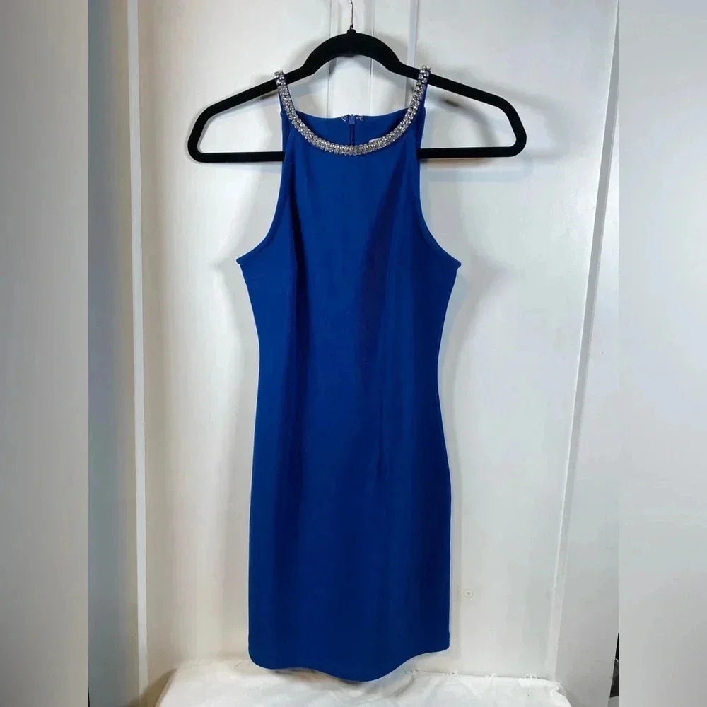 💚 Red Clover - Blue halter mini dress with rhinestone neckline - small